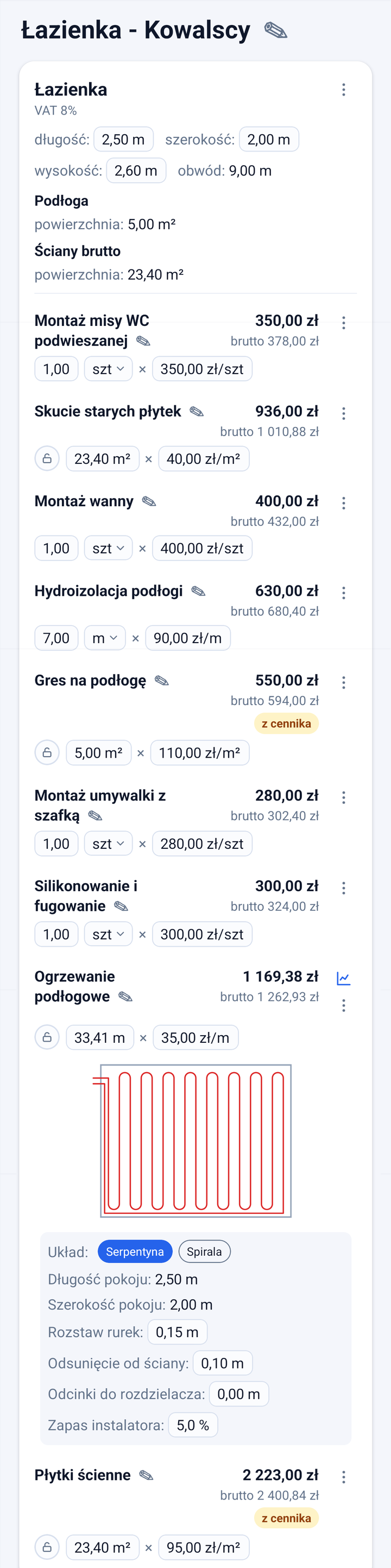Ekran wyceny Estimini: pomiary łazienki, pozycje wyliczone z pomiarów, wizualizacja ogrzewania podłogowego