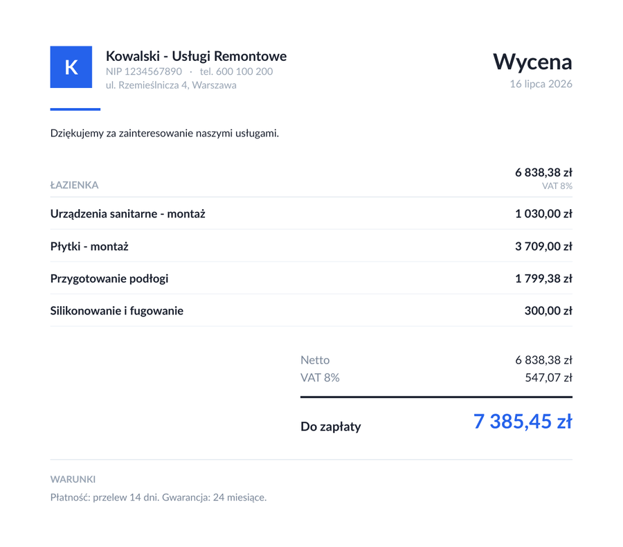 Gotowa oferta PDF: nagłówek firmy, pogrupowane pozycje, netto, VAT i kwota do zapłaty