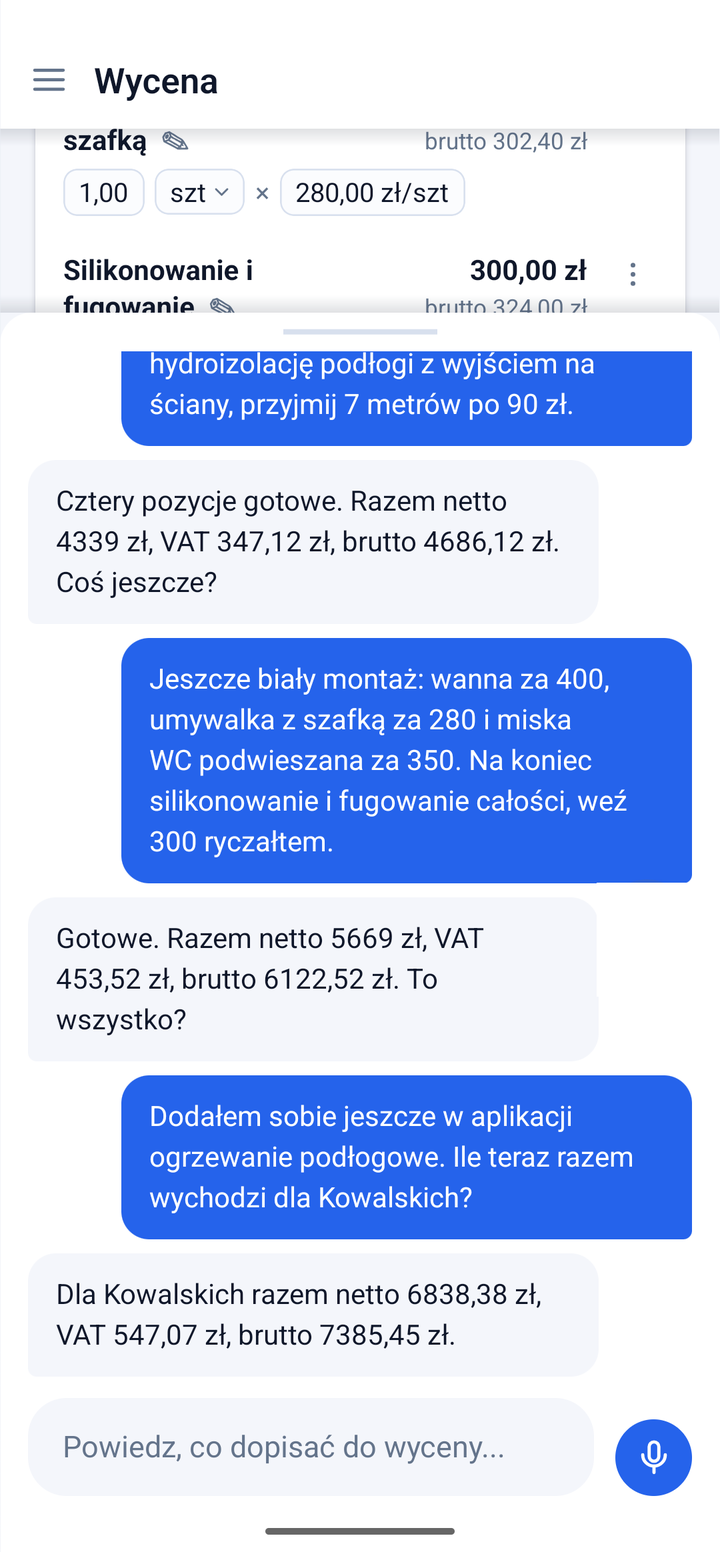 Rozmowa z Estimini: dyktowanie stawek i pozycji, asystent potwierdza i dopytuje