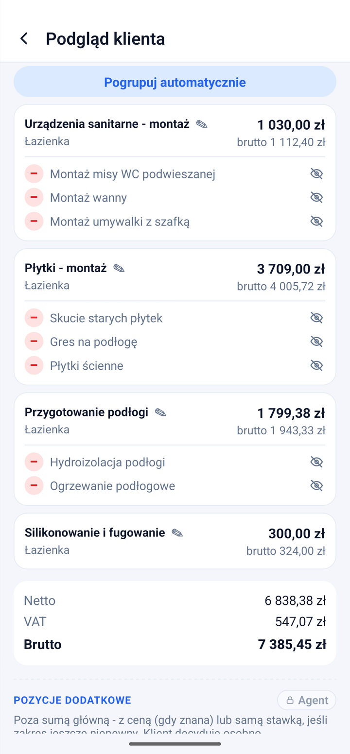 Podgląd klienta po automatycznym pogrupowaniu: 4 czytelne pozycje zamiast 9 roboczych, suma bez zmian