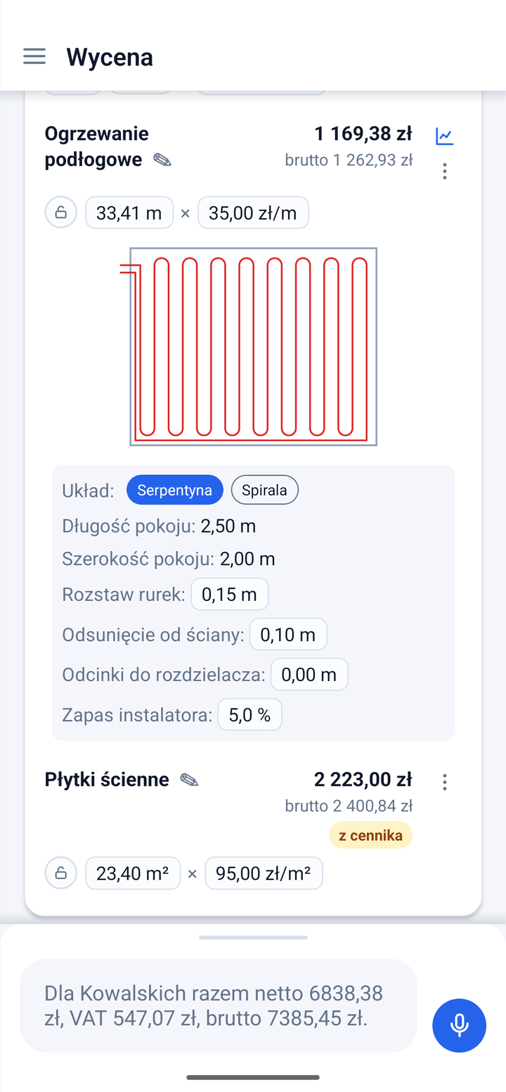 Wizualizacja ogrzewania podłogowego: serpentyna rur w obrysie pokoju, rozstaw i zapas instalatora